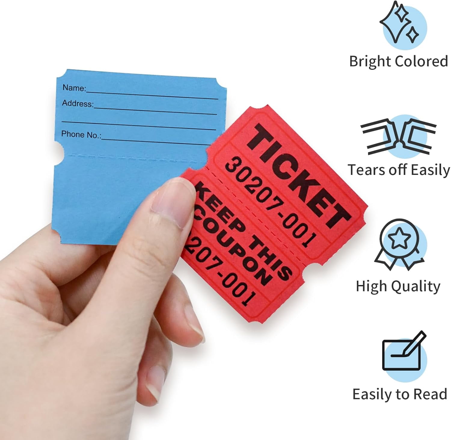 2000 Raffle Tickets Double Rolls 50/50 Stub Tickets with Consecutive Numbers 1000 Pairs per Roll,2 Rolls-Blue,Red