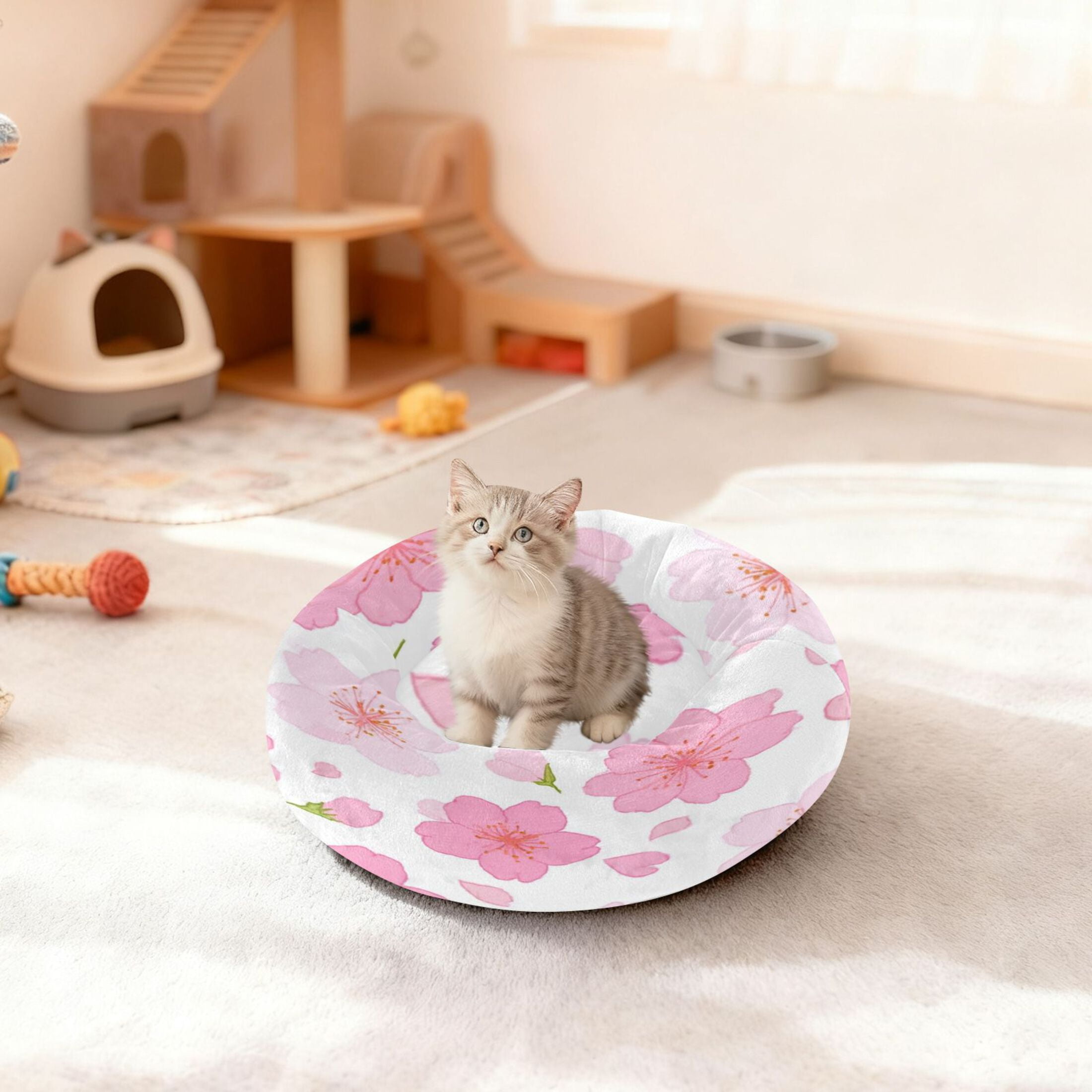 Iauyy Pet Couch Donut Cat Bed for Indoor Cats/Small Dogs Washable & Machine with Non-slip Bottom Calming Cat Furniture, Cherry Blossom Petals (M)