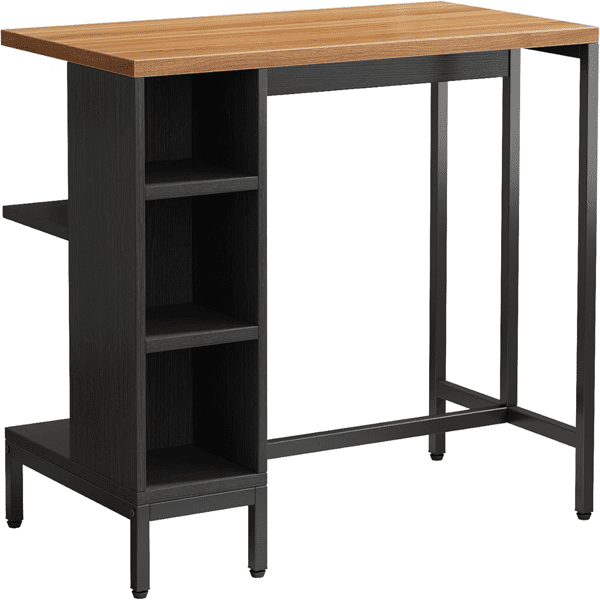 Kitchen Island with 5 Open Shelves - Rustic Walnut Grain Top, Matte Black Steel Frame, Versatile Storage for Small Spaces