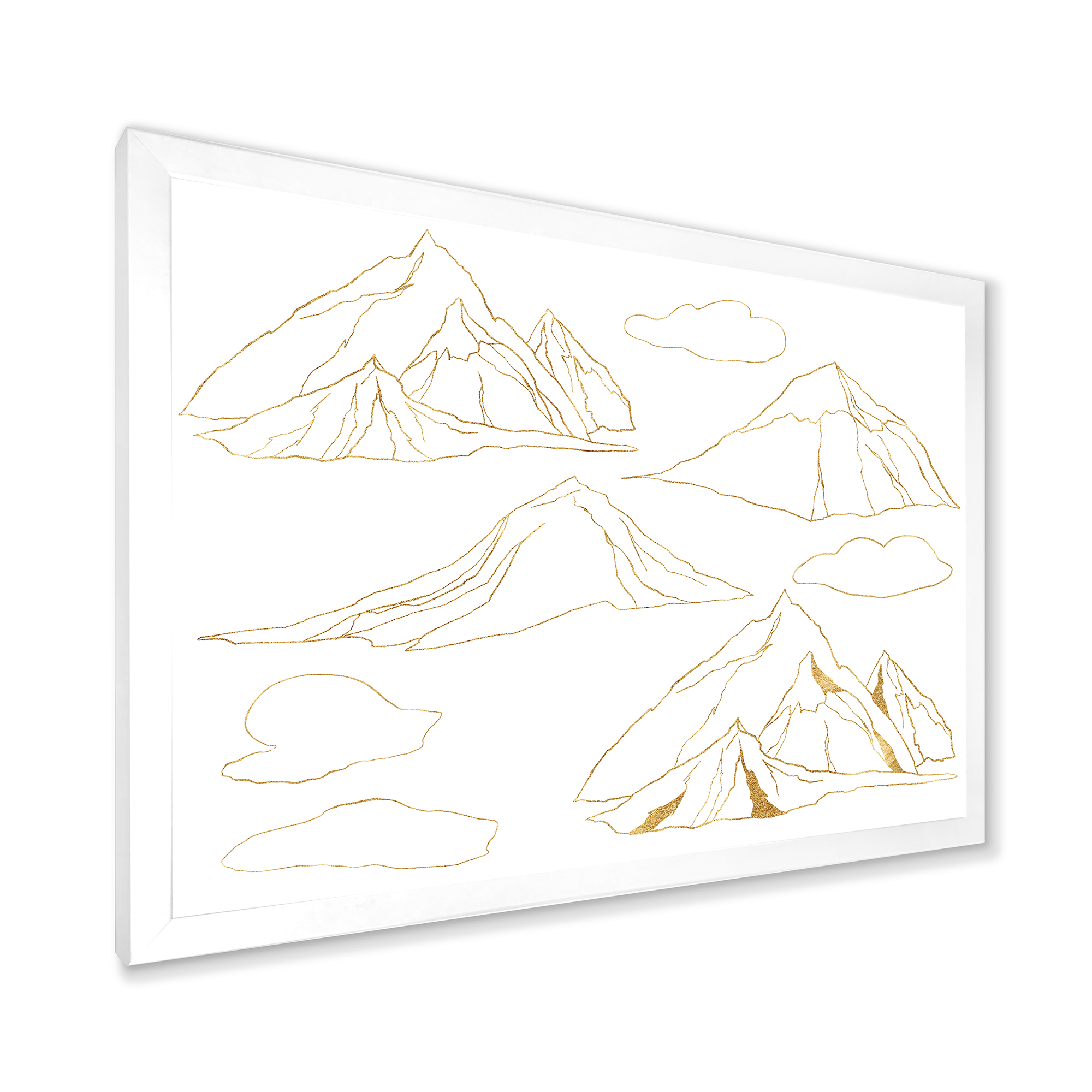 Designart 'Minimalistic Gold Linear Set Of Clouds and Mountains' Modern Framed Art Print