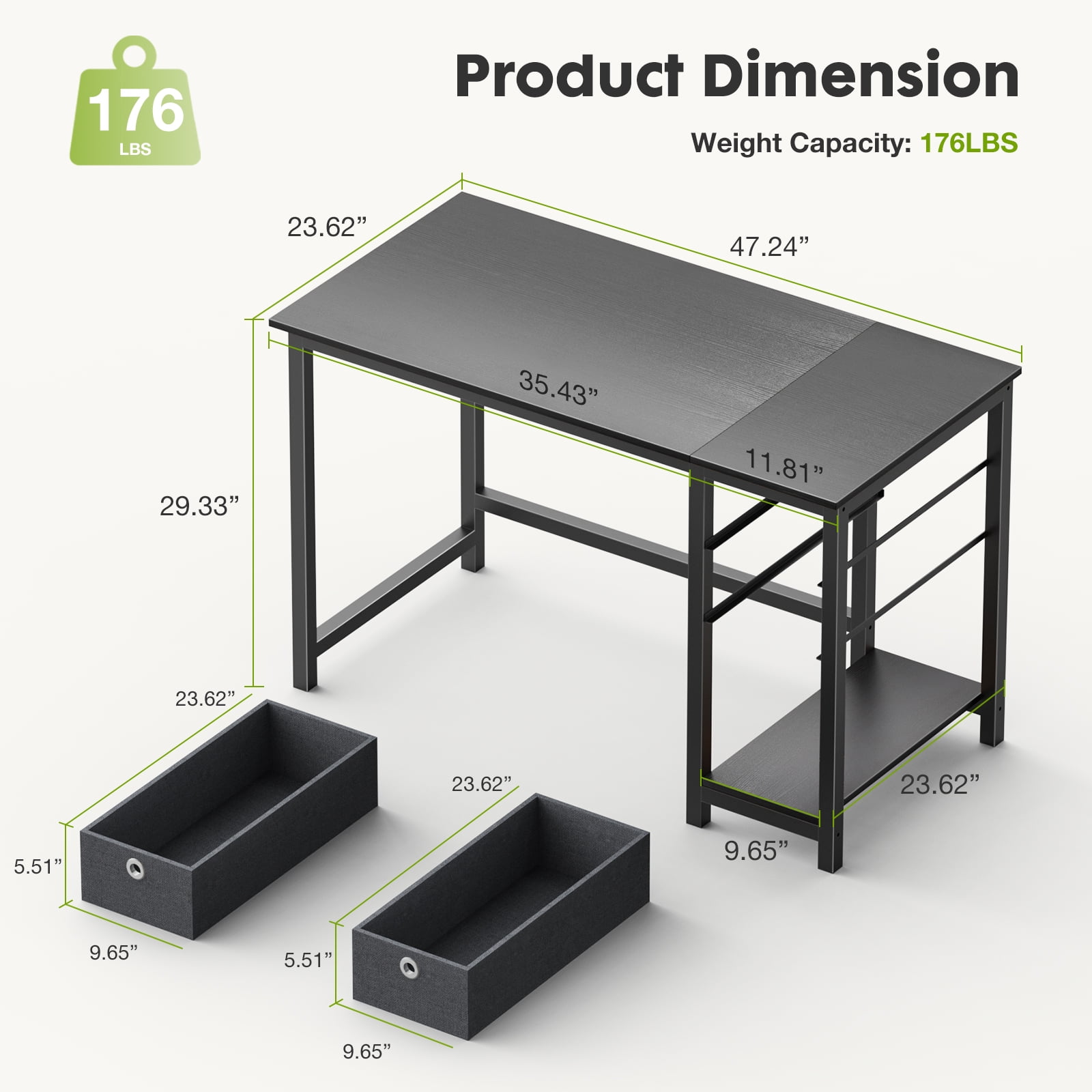 CONCETTA Reversible Home Office Desk with Storage, Compact Study and Vanity Table for Small Spaces 47 Inch, Black