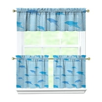 Kitchen Curtains 24 Inch Short - 3 Panel Set, Shark Whale Dolphin Ocean Theme, Rod Pocket Window Curtain, 100% Polyester for Nautical Farmhouse Kitchen, Easy Wash