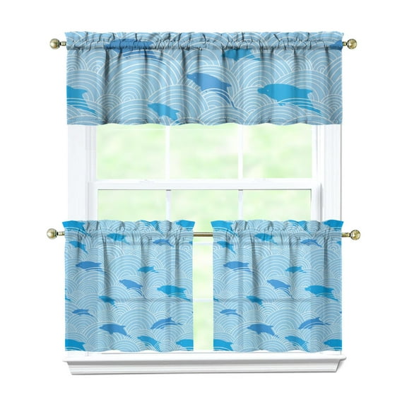 Kitchen Curtains 24 Inch Short - 3 Panel Set, Shark Whale Dolphin Ocean Theme, Rod Pocket Window Curtain, 100% Polyester for Nautical Farmhouse Kitchen, Easy Wash