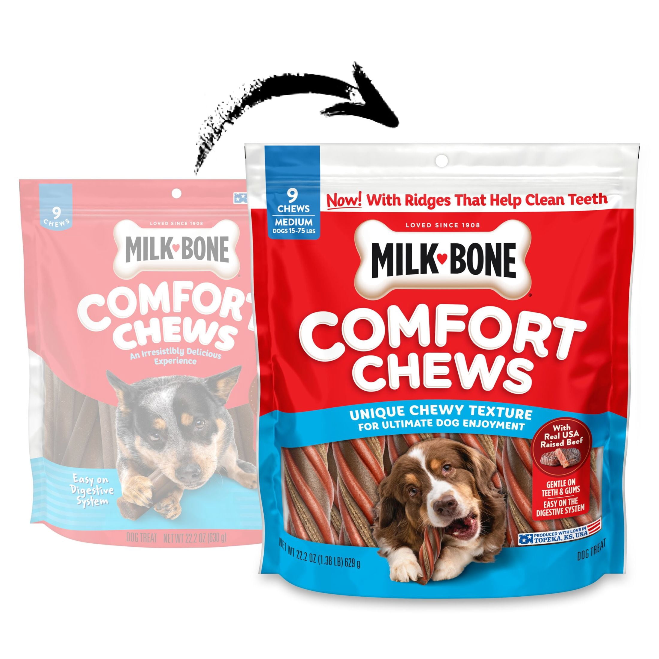(4 pack) Milk Bone Comfort Chews, Dog Chews with Unique Chewy Texture and Real Beef, 22.2 oz Bag (9 Chews)