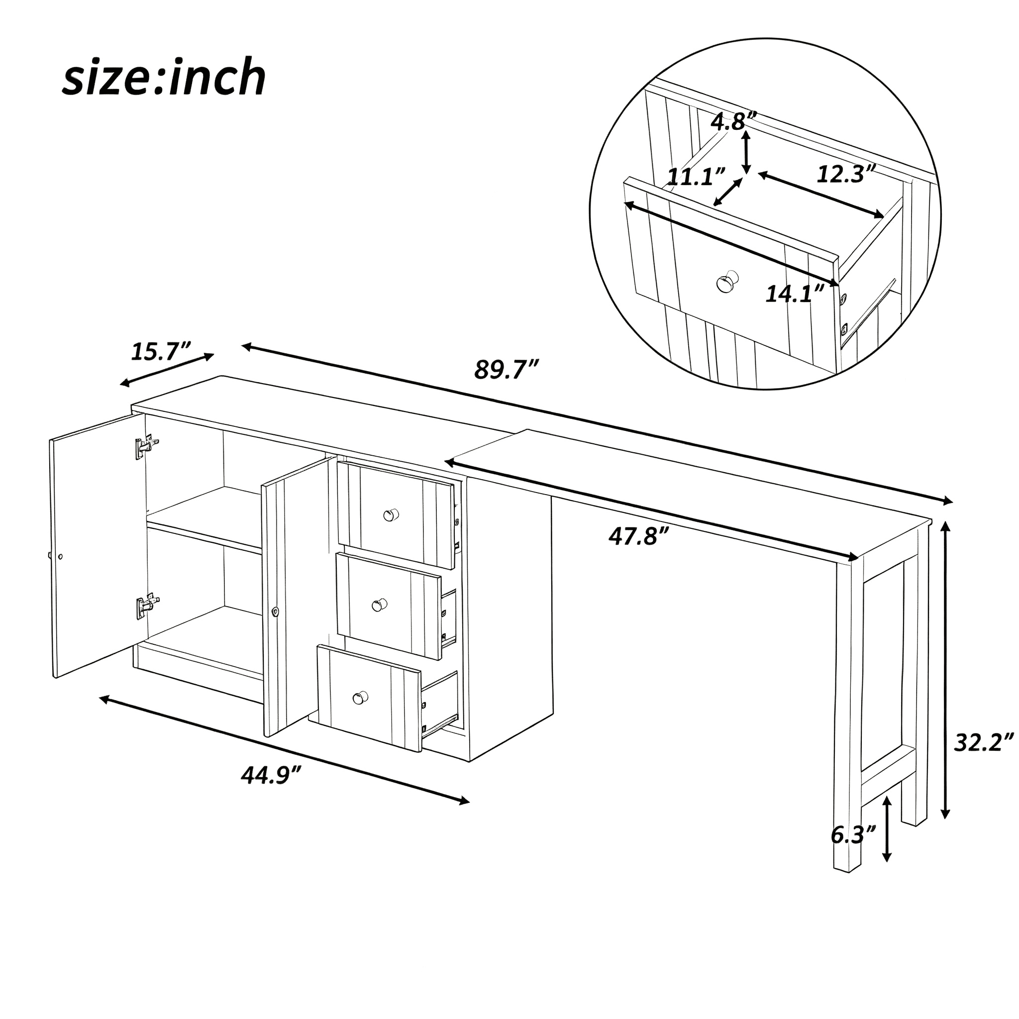 89.7" Wooden Sideboard with Extendable Table, Multifunctional Storage Cabinet with 2 Doors and 3 Drawers, for Living Room, Study, Foyer and Kitchen