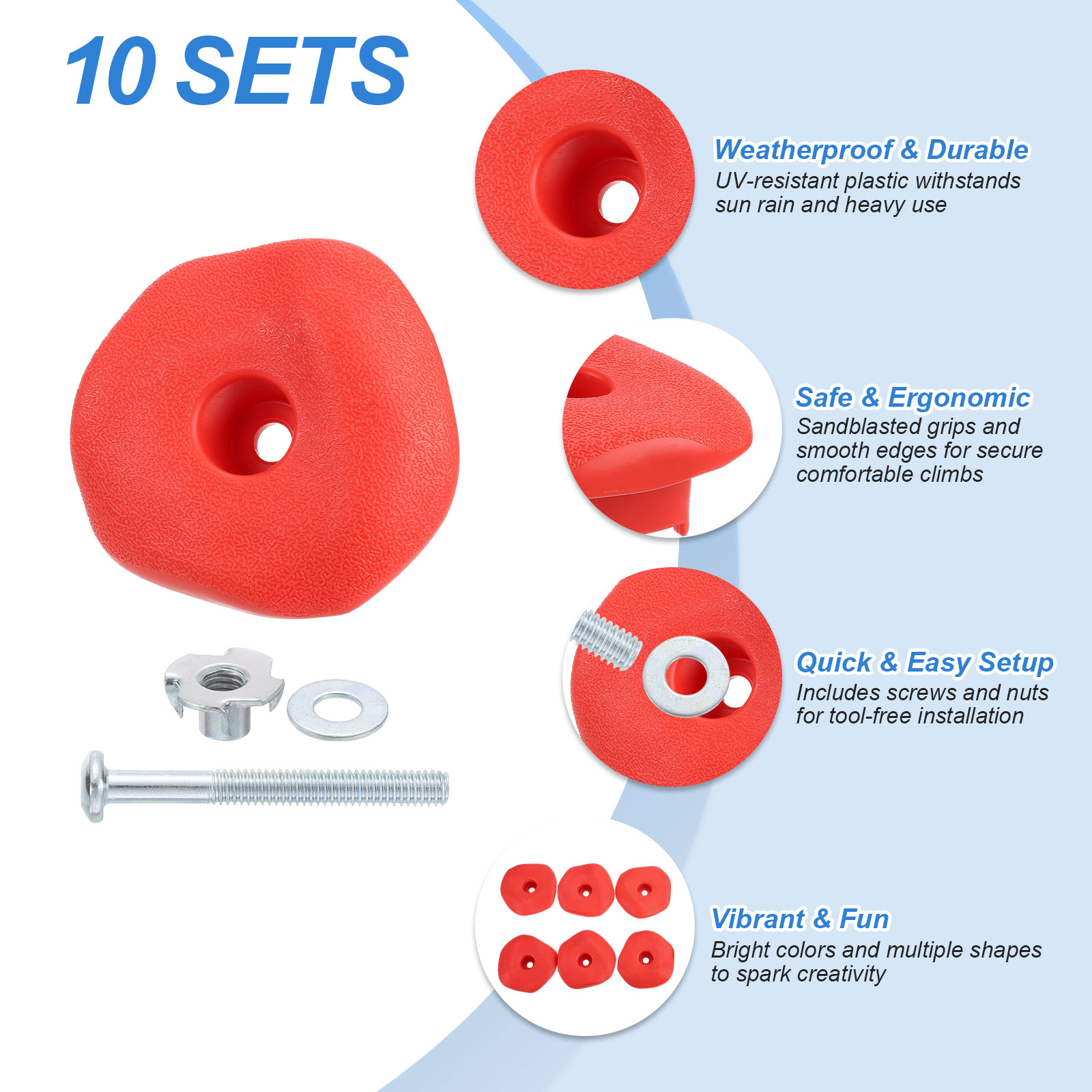 Rock Climbing Holds, 10 Pcs Climbing Rock Wall Grips with Single Holes for Playground Accessories, Red-C