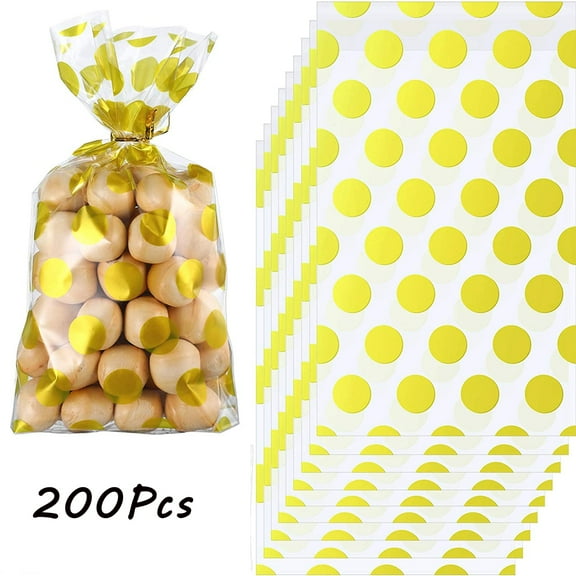 LNKOO 200pcs Clear Cello Bags for Treat Candy Cookie Party Favor Bags, Plastic Bags for Bakery, Cookies, Candies Chocolate,Snack Wrapping,for Wedding Shower Kid’s Birthday Party,Gold Dot