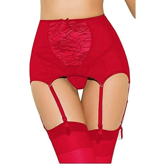 Zhuge Cinturón de Liguero Mujer, Cintura Alta en Malla Vintage con Tirantes Ajustables y Clip Metal, Sin calcetines y bragas,El estilo B,Talla S Rojo