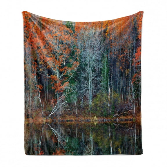 Leaves Soft Flannel Fleece Throw Blanket, Forest with Tree Reflections over the Lake Rural Forest Charm Scenic Concept, Cozy Plush for Indoor and Outdoor Use, 60" x 80", Brown Red, by Ambesonne