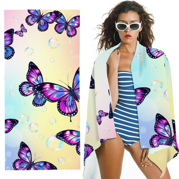 RKSupls Gradient Purple Butterfly Bubble Microfiber Beach Towel, Extra Large Quick Dry Lightweight Absorbent Towel for Travel Swimming Camping, Soft Super Absorbent- 30x60 in