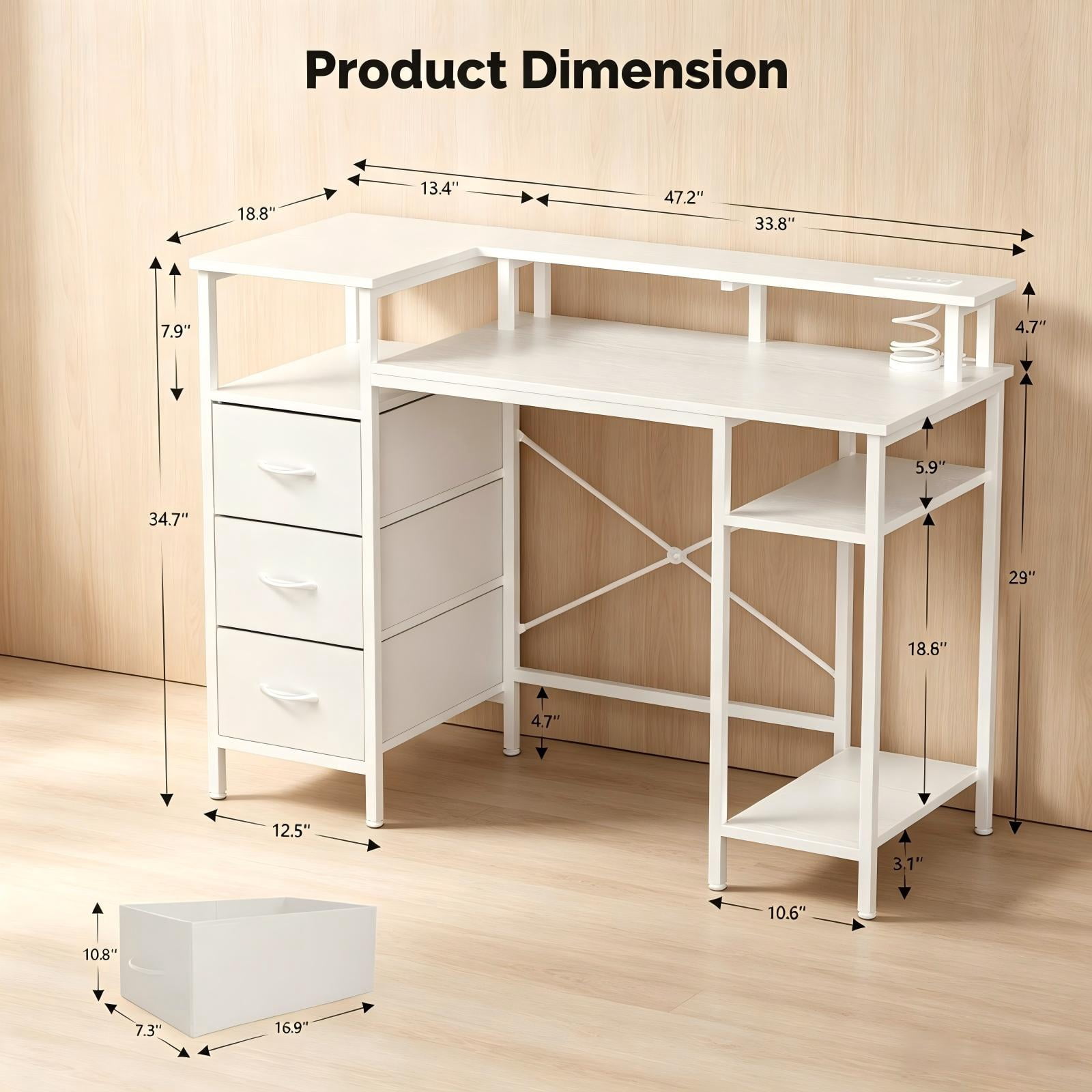 3-Drawer 4-Shelf Computer Desk with Power Strip, White, 47.2 x 18.8 x 34.7 in