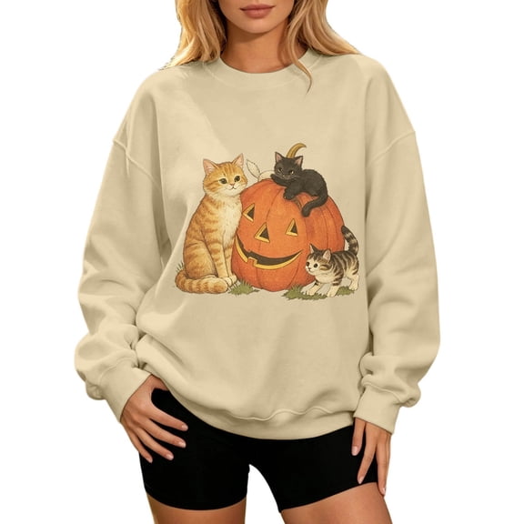 Womens Plus Size Halloween Cat Pumpkin Sweatshirt Retro 90s Graphic Crewneck Soft Fall Pullover Tops Beige L