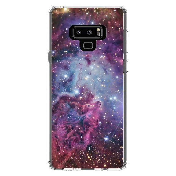 DistinctInk Clear Shockproof Hybrid Case for Samsung Galaxy Note 9 - TPU Bumper, Acrylic Back, Tempered Glass Screen Protector - Pink Purple Blue Fox Fur Nebula - Astronomy