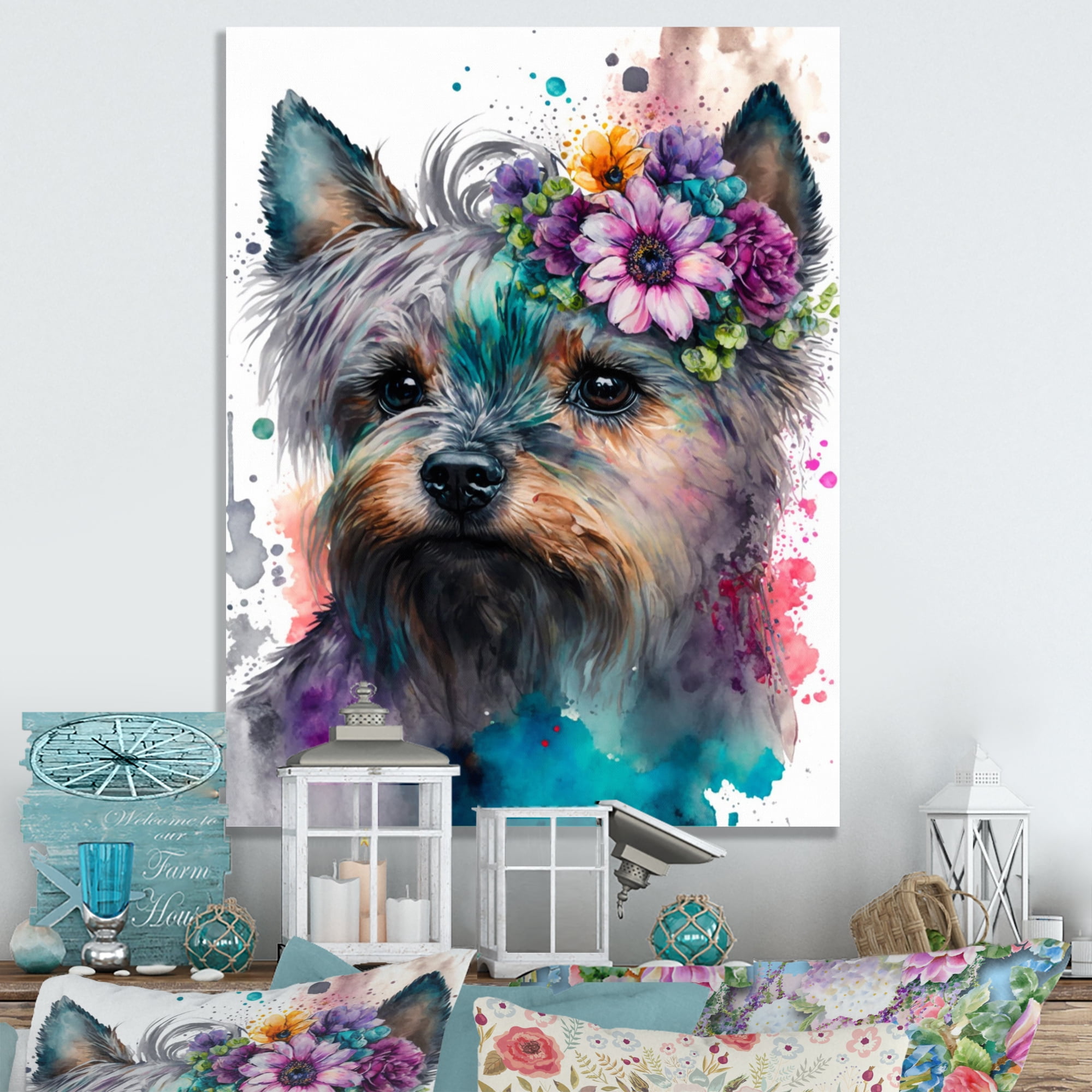 Designart Cute Yorkshire Floral Art Canvas Wall Art