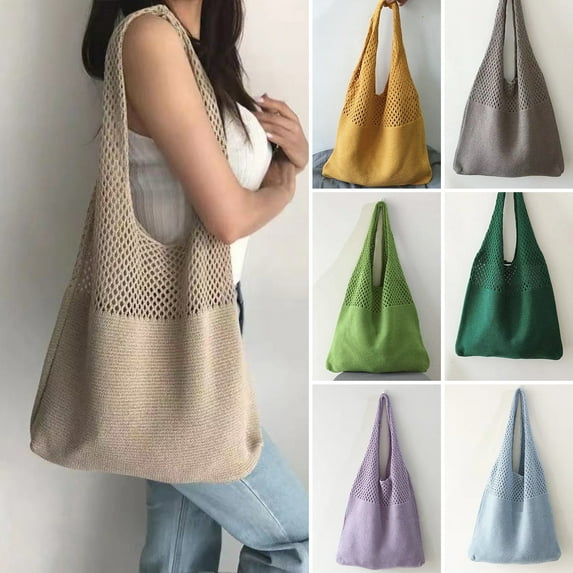 GROFRY Shoulder Bag Crochet Large Capacity Bright Color Exquisite Craftsmanship Vintage Hollow Out Handbag Tote Bag for Outdoor