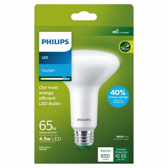 Philips Ultra Efficient LED 65-Watt BR30 Floodlight Light Bulb, Daylight, Dimmable, E26 Medium Base (1-Pack)