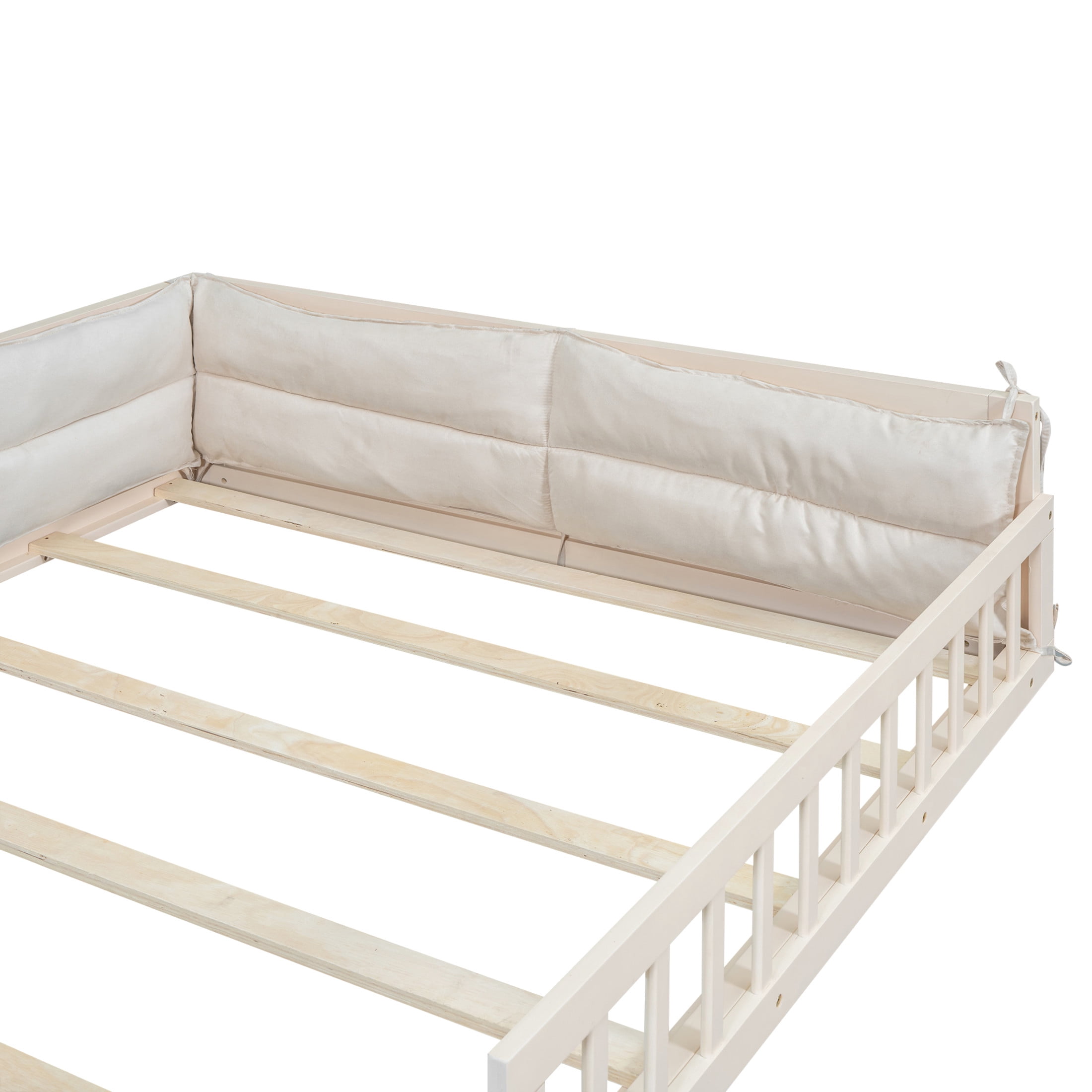 Noble House Myrrh Full Size Upholstered Platform Bed with Guardrails and Detachable Pillows, Pine Wood Frame, Beige