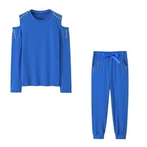 LYXSSBYX 2 Piece Outfit for Women Women's Sexy Beaded Solid Round Neck Long Sleeve Casual Set