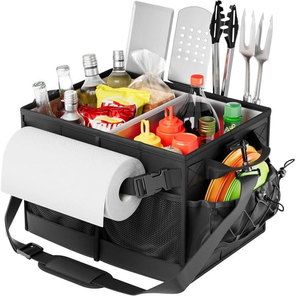 Picnic Bask, Grill Caddy, BBQ Caddy with Paper Towel Holder, Utensil Caddy with Condiment Pocket, Black