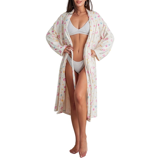 SUNSIOM Women Dressing Gown Flannel Robe Floral Print Shawl Collar Bathrobe for Hotel Spa Party Kimono Robe with Belt