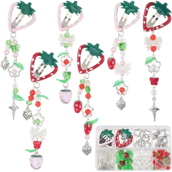 1 Box DIY 6 Sets Tassels Hair Clips Making Kit Strawberry Hairclips with Beaded Cute Fruit Fashion Hairclip Tassel Snap Barrettes for Women Braid Long Short Thin Thick Hair Supplies for DIY