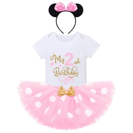 

FYMNSI Baby Toddler Kids Girls My 2nd Second Birthday Cake Smash Outfit Romper Polka Dot Tutu Skirt Ear Headband 3pcs Two Years Old Party Clothes Set 2 Years Pink - 2nd Birthday