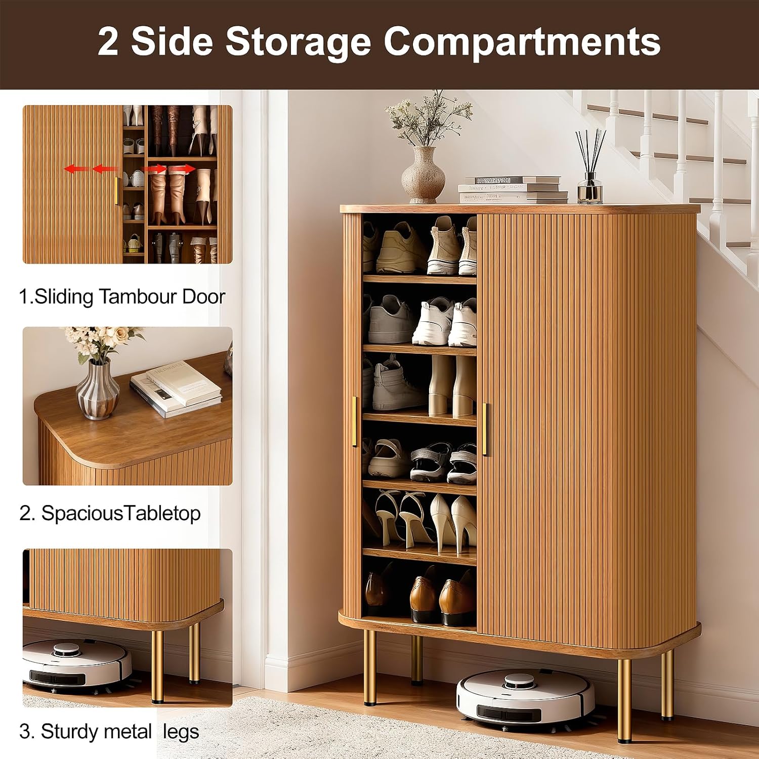 Shoe Storage Cabinet with Sliding Door, 6-Tier Shoe Cabinet with Adjustable Shelves, Mid-Century Modern Freestanding Shoe Storage Organizer for Entryway, Hallway, Living Room (Yellow)