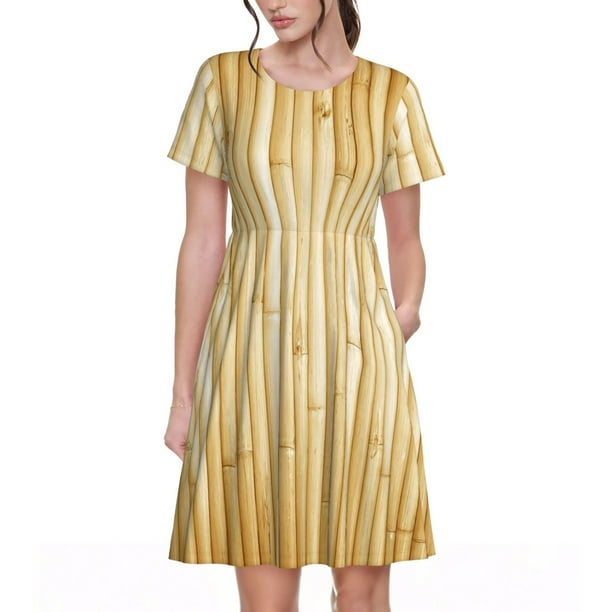 Easygdp Bamboo Wall para Vestido Transpirable de Mujer, Vestido Suelto de Manga Corta con Pliegues y Bolsillos para el Verano