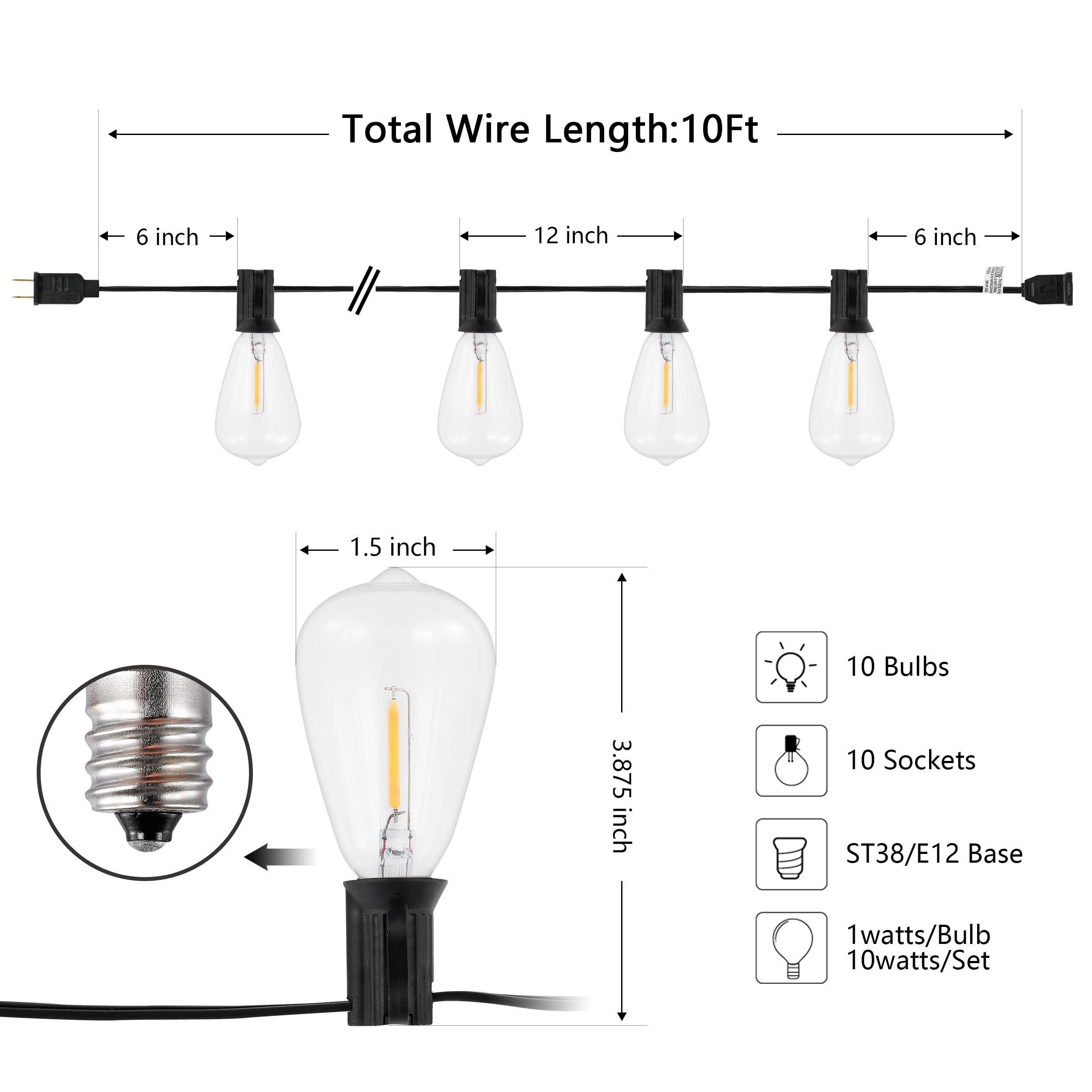 SAFAVIEH Dorcia 10-Light ST38 Black Metal Outdoor String Light
