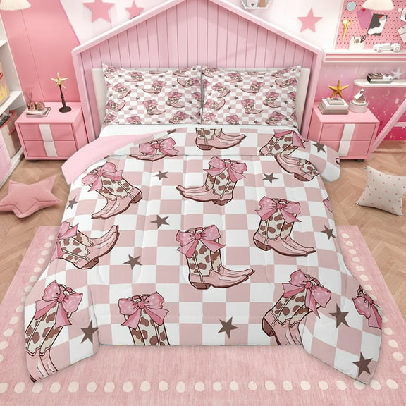 Homewish Cool Western Cowgirl Bedding Comforter Set,Retro Rustic Farmhouse Cabin Twin Comforter Sets,Pink White Grometric Plaid Bedding Set For Girls Kids,Microfiber Bedroom Decor Reversible,2pcs