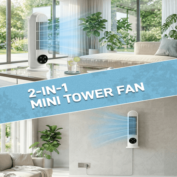 Alvantor 16-Inch Mini Tower Fan, Floor or Wall Mount, Touch Control, Remote, 3 Speeds, Oscillation, 9-Hour Timer, White