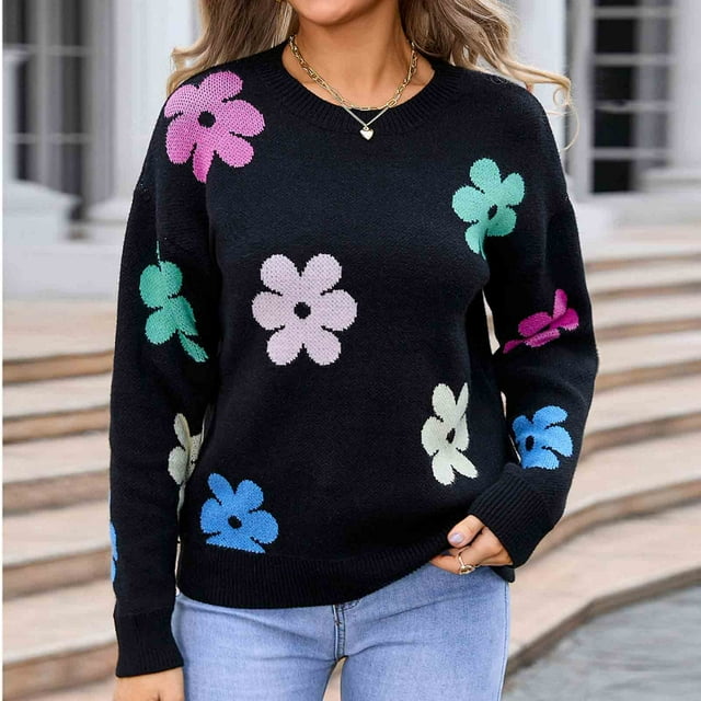 TIMIFIS Chandails pour Femmes Décontracté Manches Longues Col Rond Chandail Fleur Automne Hiver Tricot