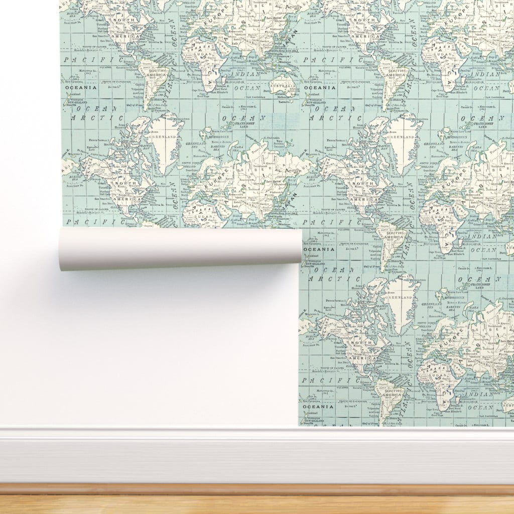 Peel-and-Stick Removable Wallpaper Maps World Globe Blue Cream Vintage And White 