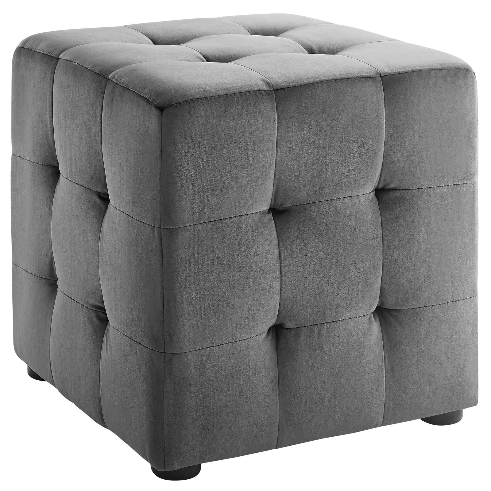 Tufted Button Cube Performance Velvet Ottoman, Gray