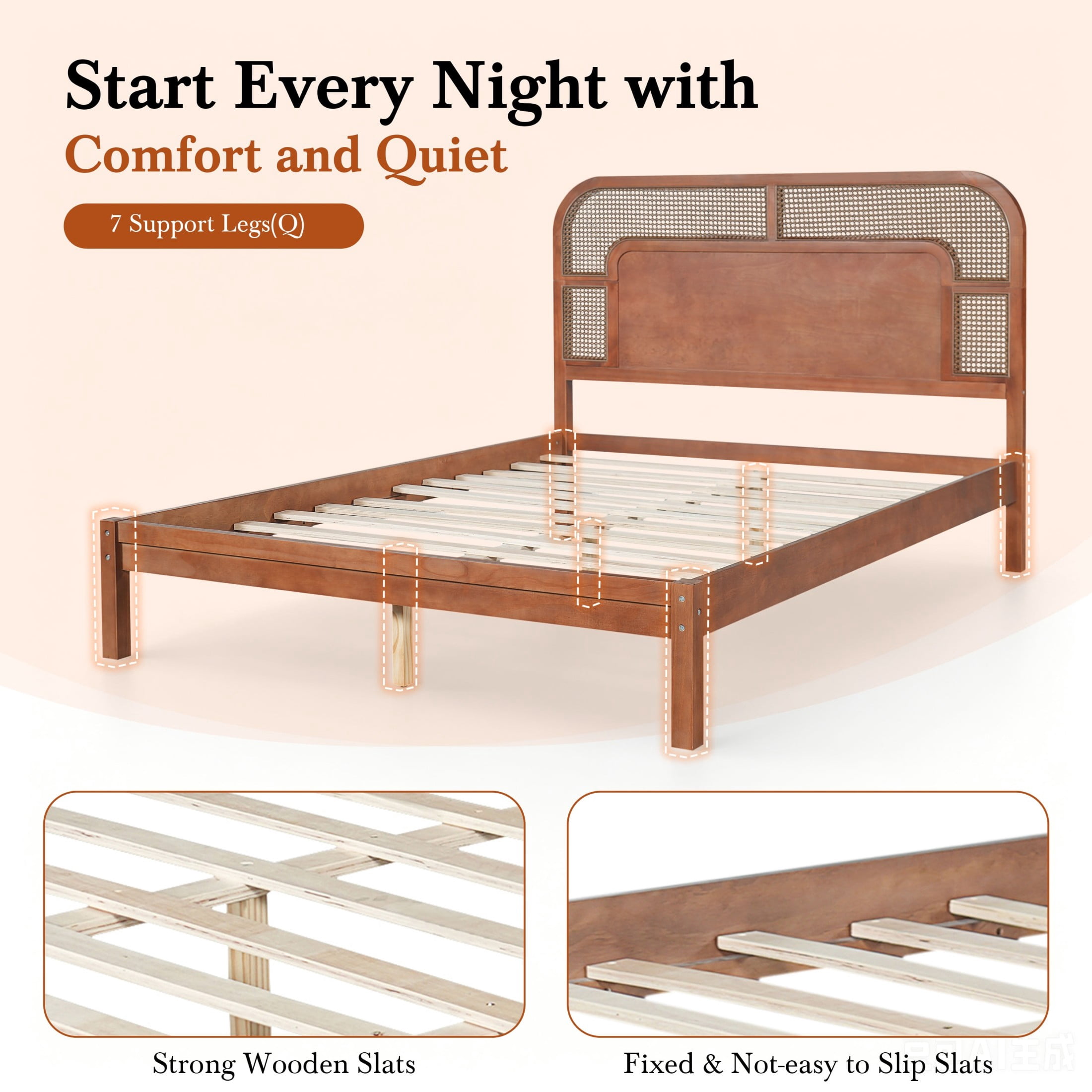 Christopher Knight Home Bohemian Queen Platform Bed with Rattan Headboard, Solid Wood Frame, Walnut