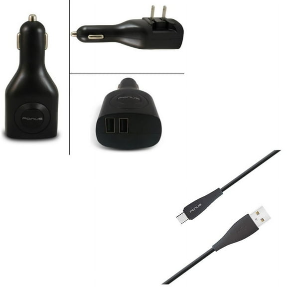 Type-C 10ft USB Cable w 2-Port USB Car Home Charger R2P for Acer Liquid Jade Primo - Alcatel PulseMix, 7, Idol 5S 5 4S - ASUS Zenfone V Live, ROG Phone, AR 6 5z 4 Pro - Blackberry Motion, Key2