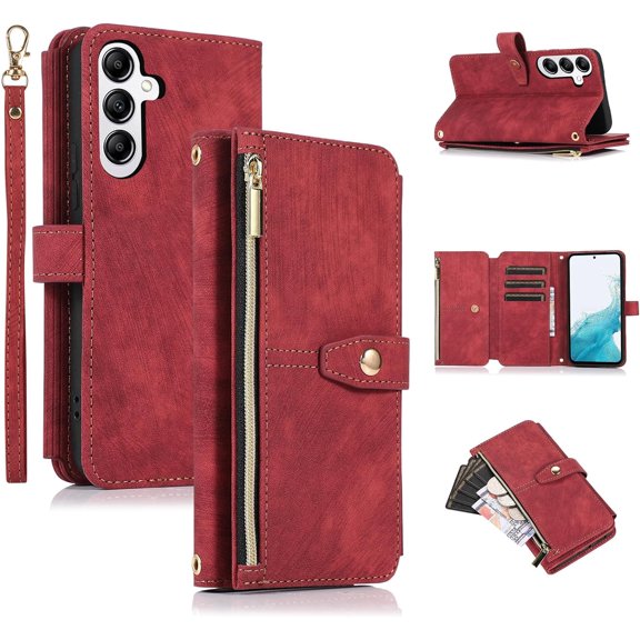 ZUKKASHAN Wallet Case for Samsung Galaxy S24 5G, 9 Card Slots Retro Leather Wallet Shockproof Flip Cover with Hand Strap Card Slots Zipper Pocket Kickstand Handbag Magnetic Closure