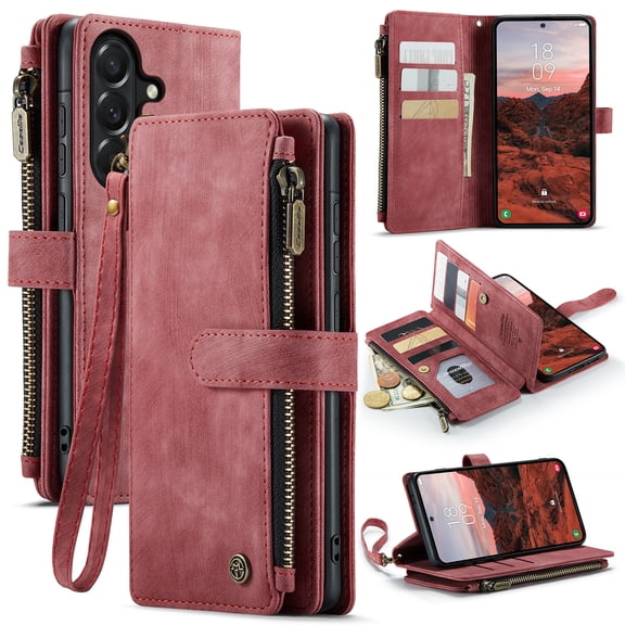 For Samsung Galaxy A37 5G Wallet Case with Card Slots, Leather Detachable Wristlet Strap 3-in-1 Zipper Pocket and Magnetic Flip Folio, RFID Blocking Card Holder Stand Case for Women and Men,Red