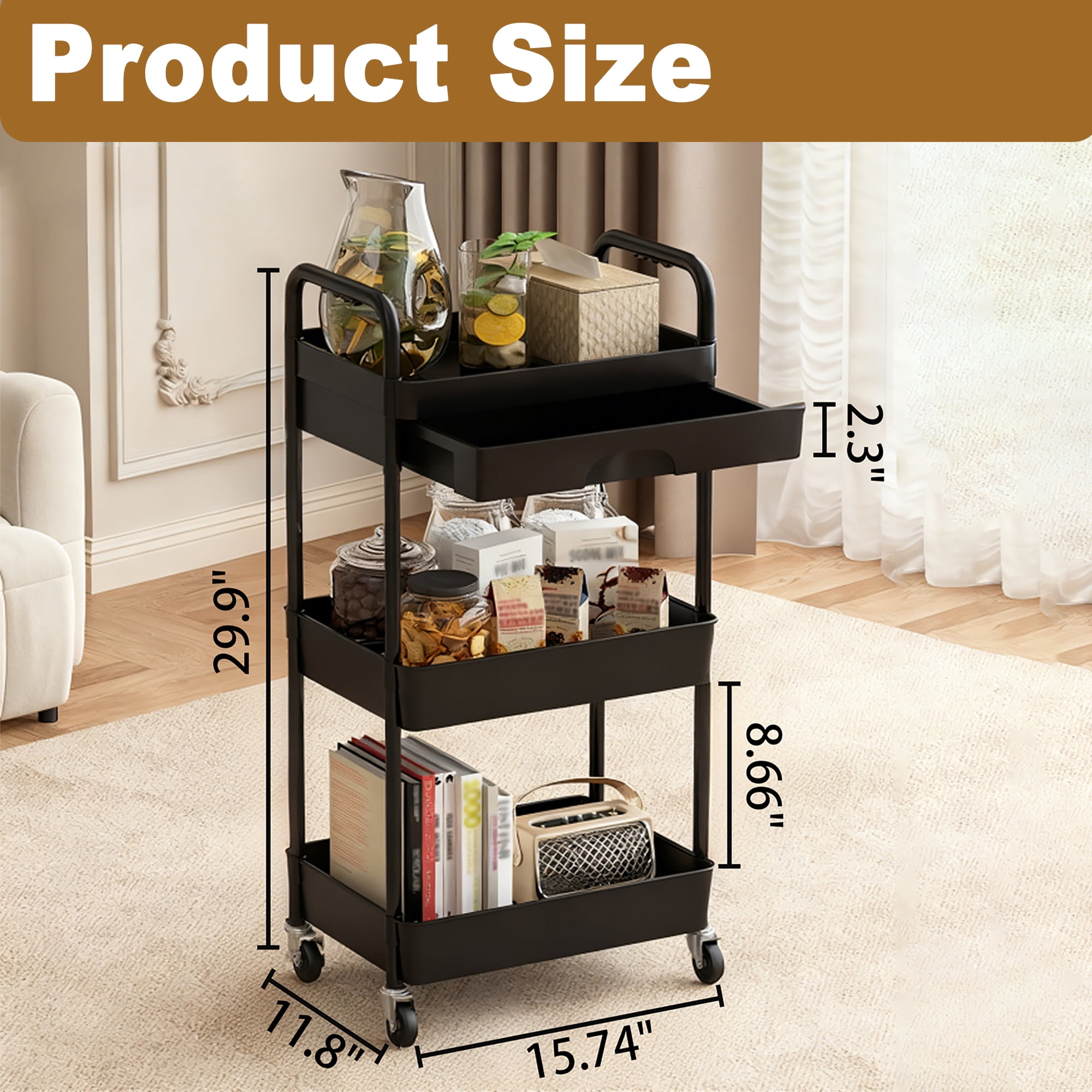 3 Tier Storage Cart, Rolling Cart with Drawers Storage Organizer, Rolling Storage Cart with Plastic Drawers, Suit for Room, Kitchen, Bathroom, Office
