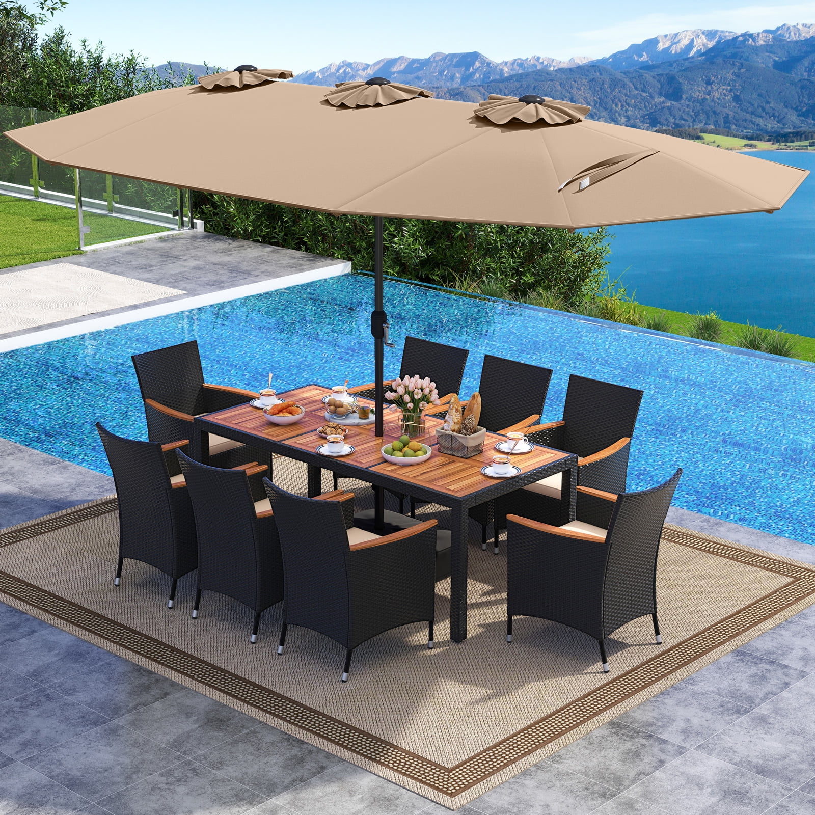 Costway 11 PCS Patio Wicker Dining Set with Double-Sided Outdoor Umbrella 8 Stackable Chairs