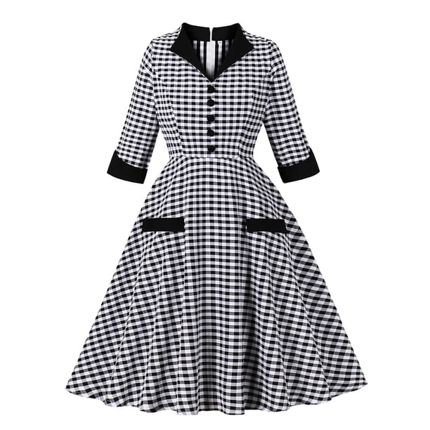 Vestido de Verano 3/4 Manga para las Mujeres Casual Cuello en V Estampado en Cuadro Cremallera de Rodilla