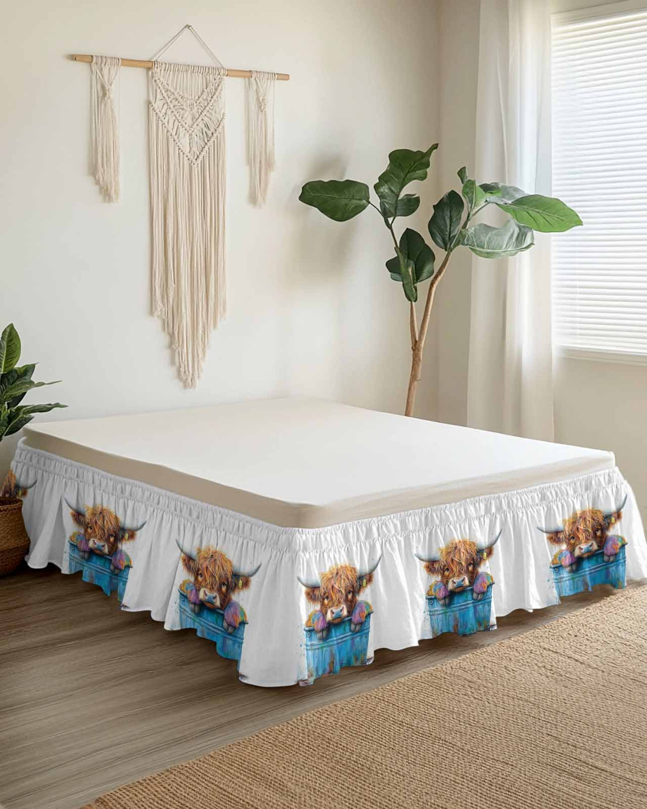 Highland Cattle Bed Skirt Farmhouse Cow Funny Animal Bed Skirts Queen Size 18 Inch Drop, Wrap Around Dust Ruffle&nbsp;Bedskirt with Adjustable Elastic Belt for Queen Size Beds