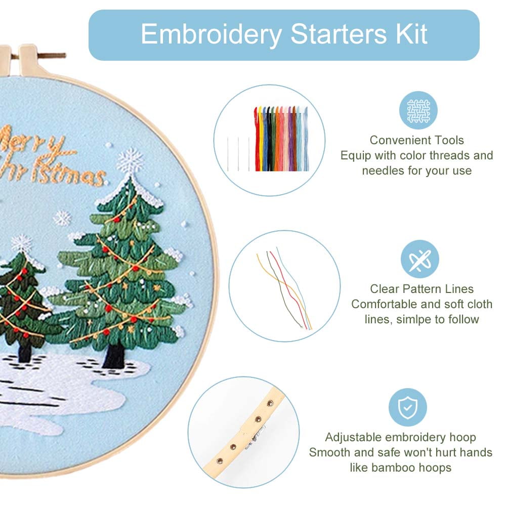 3-Piece Halloween Embroidery Kit For Beginners - Includes Hoops, Thread, Needles, Scissors & Patterns