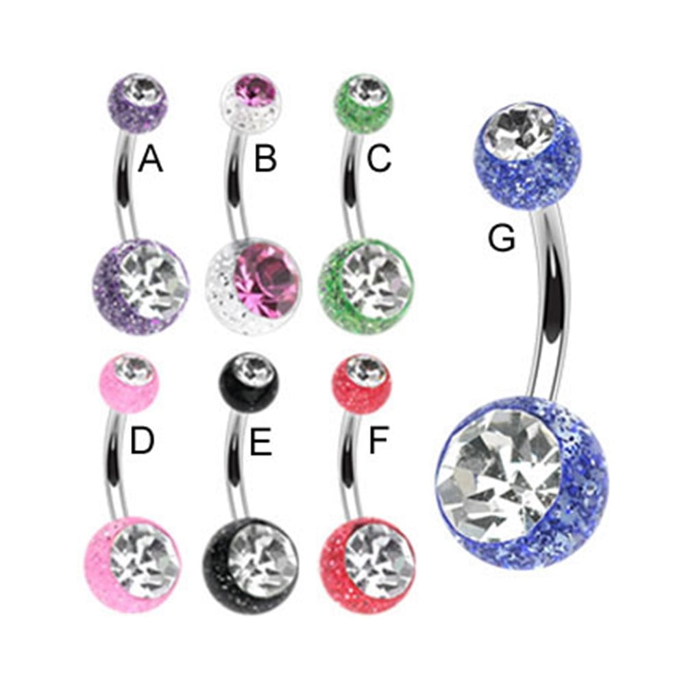 Navel Ring With Jeweled Acrylic Glitter Balls,B Clear W/ Pink Gem