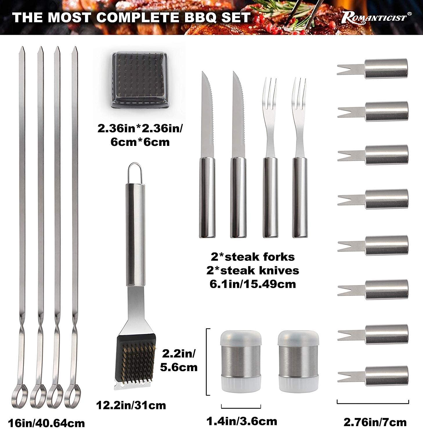 ROMANTICIST 28PCS BBQ Accessories Set with Thermometer - The Very Best Grill Gift on Christmas - Heavy Duty Stainless Steel Grill Set in Case for Outdoor Cooking