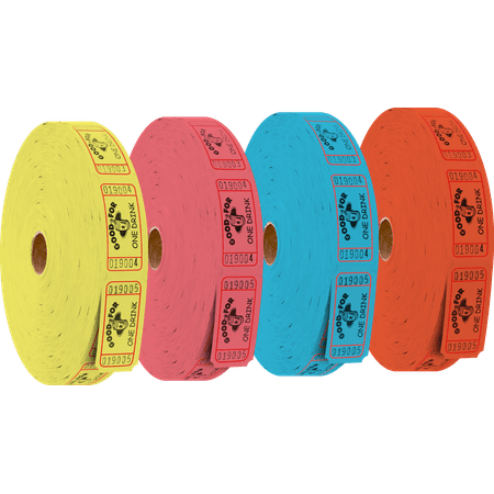 Good For One Drink Tickets Four Rolls of 2,000 Tickets - 8,000 Total in Four Assorted Colors