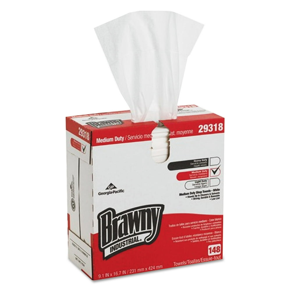 Brawny Industrial Light Weight HEF Disposable Shop Towels, 9.1 x 16.7, White, 148/Box, 10/Carton