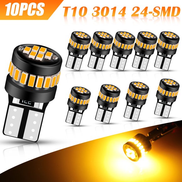 194 LED Light Bulb T10 168 W5W 2825 Amber 12V 3000K 500LM 24-SMD 3014 Chipsets LED Replacement Bulbs (Pack Of 10)