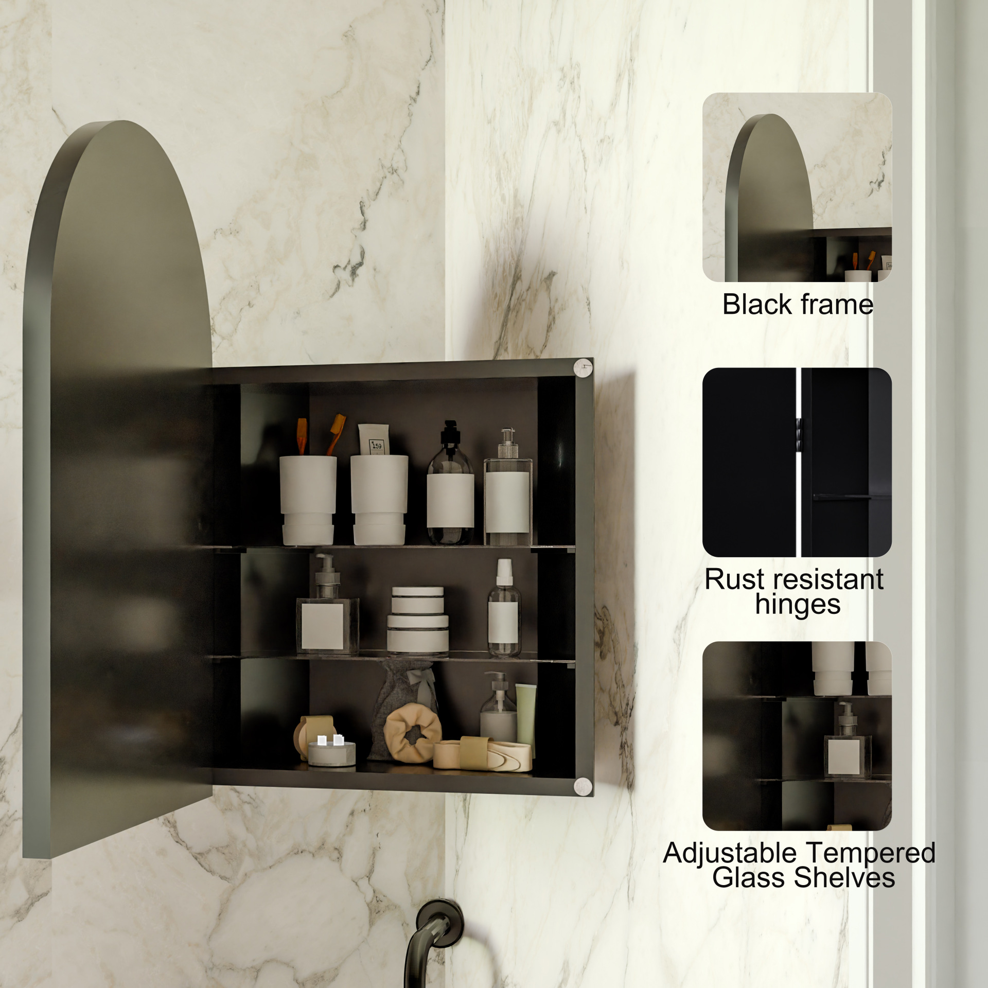 Corner Medicine Cabinet with Arched Mirror, 18x24 Inch Metal Wall Mounted Storage Organizer with Adjustable Glass Shelves for Small Bathroom Spaces, Matte Black Finish