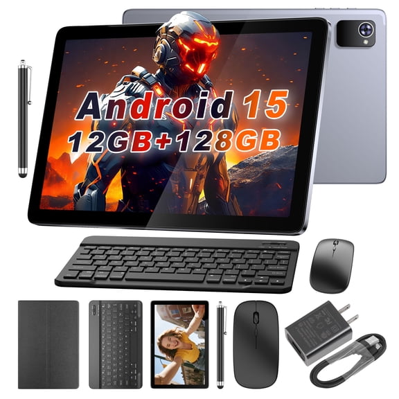 BYYBUO 10.1 Inch Android 15 Tablet Bundle w/ Keyboard Case, Mouse & Stylus - 12GB RAM, 128GB, Octa-Core, 6000mAh, IPS HD Screen